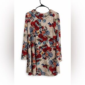 Floral Swing Tunic Dress Women’s Medium Cream Red Blue Long Sleeve Casual